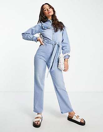 New Womens Ex Lipsy Denim Blue Frill Overlay Off Shoulder Playsuit Size 4-18 