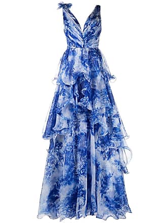 Marchesa floral-print V-neck gown - women - Polyester - 12 - Blue