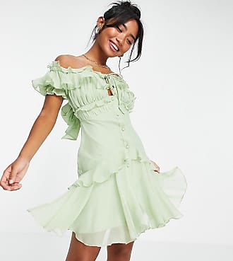 Asos Petite ASOS DESIGN Petite off shoulder mini dress with button front and ruffle detail in mint-Green