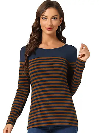 Allegra K Women's Color Block Long Sleeve Striped Causal T-Shirt
