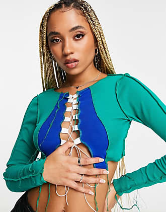 Fashionkilla contrast seam long sleeve crop top in multi