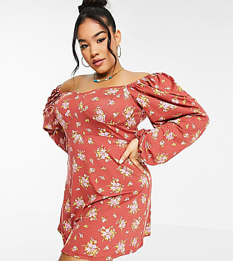 Asos Curve ASOS DESIGN Curve mini tea dress with long sleeves and cup detail in berry floral-Purple