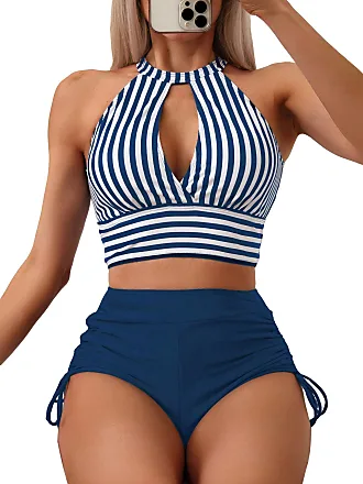 SOLY HUX Bikini Sets for Women Smocked Halter Triangle Tie Side Bikini  Bathing Suits 2 Piece Swimsuit