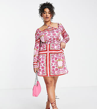 In The Style x Liberty halterneck puff sleeve mini skater dress in pink scarf print-Multi