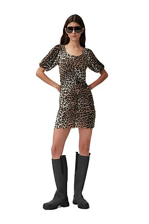Ganni Ruched Mesh Mini Dress Leopard Seedpearl Size 10/12