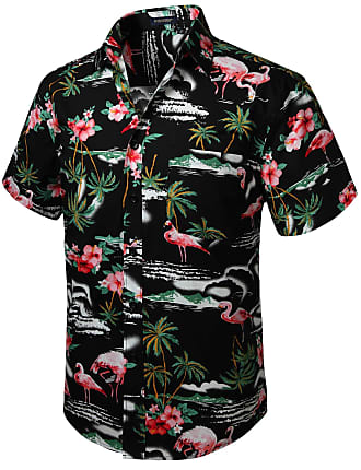 Hisdern Uomo Funky Hawaiana Flamingo Camicie Manica Corta Tasca Frontale Holiday Summer Aloha Printed Beach Casual Hawaii Shirt Black 4XL