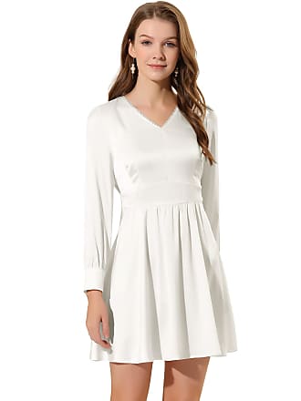 Allegra K Elegant Work Long Sleeve Dress for Womens Tie Waist Back Solid Satin Dress X-Large White