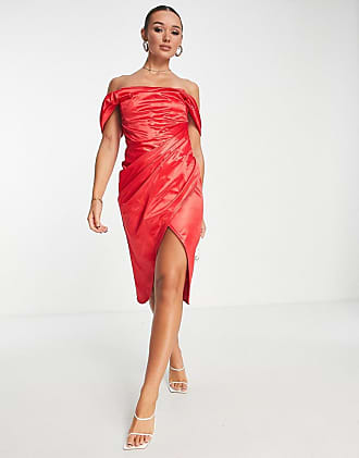 Asos off shoulder bardot boned tuck midi dress in structured satin red