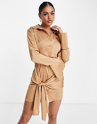 Asos satin mini shirt dress with side tie in gold