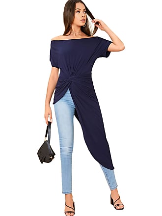 Shein Womens Elegant Asymmetrical Twist Front Off Shoulder Top Plain High Low Blouse 3X-Large Navy