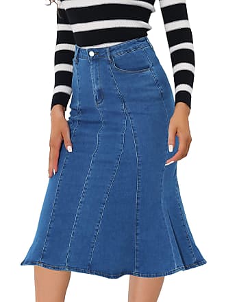 HGps8w Women's/Juniors Plus Size Mermaid Shape Denim Skirts Casual Front Button Washed Denim A-Line Long Jean Skirt 