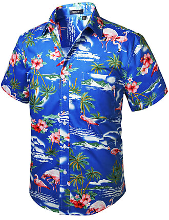 Hisdern Uomo Funky Hawaiana Flamingo Camicie Manica Corta Tasca Frontale Vacanze estive Aloha Stampato Beach Casual Blue Hawaii Shirt S