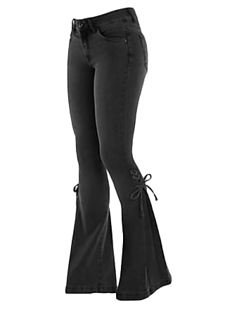 Andongnywell Lace-up Bell Bottom Pants Jeans for Women Mid Waisted Wide Leg Bootcut Slim Denim Pants Trousers 