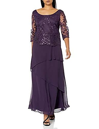 Le Bos Womens Embroidered MESH Popover Tiered Long Dress, Eggplant, 8