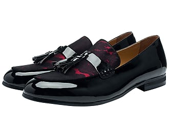 Santimon Mens Loafers Black Patent Leather Shoes Slip-on Red Velvet Smoking Slipper with Tassel 10.5 UK