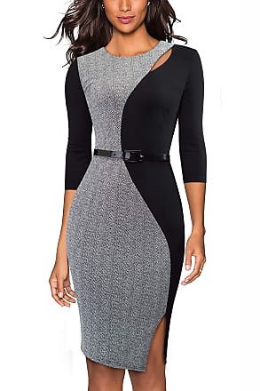 Homeyee Womens Vintage 3/4 Sleeve Crew Neck Colorblock Belt Business Dress B478 (UK 16 = Size XXL, Grey)