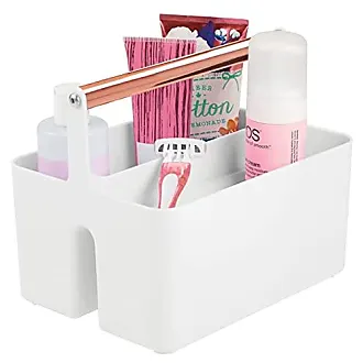 mDesign Plastic Makeup Storage Organizer Caddy Tote, Divided Basket Bin,  Handle for Bathroom, Hold Eyeshadow Palettes, Nail Polish, Brushes, Shower