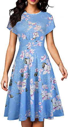 Homeyee Womens Short Sleeve Floral Casual Aline Midi Dress A102(10,Light Blue Floral)