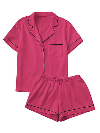 Floerns Women's Notch Collar Short Sleeve Sleepwear Two Piece Pajama Set Hot Pink M 
