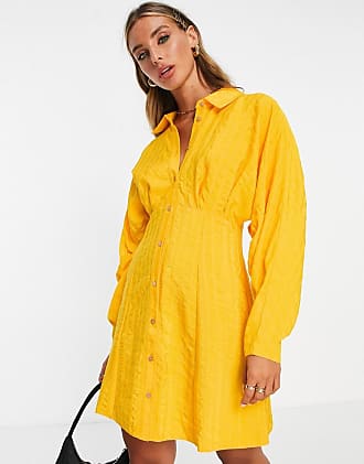 Asos texture stripe volume sleeve mini shirt dress in yellow