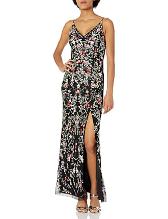 Adrianna Papell Womens Beaded Floral Gown, Black Multi, 8