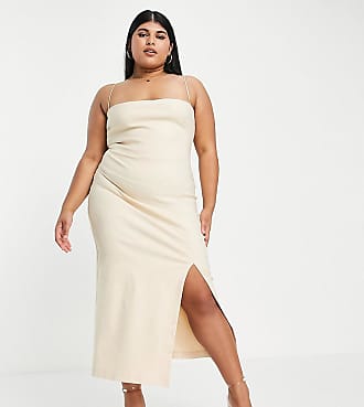 Vesper cami strap midi body-conscious dress with thigh split in ecru-White
