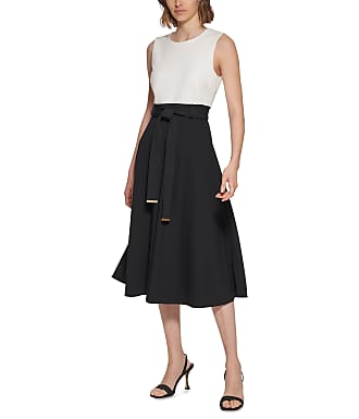 Calvin Klein Womens Sleeveless A-line Belted Midi Dress, White/Black, 8