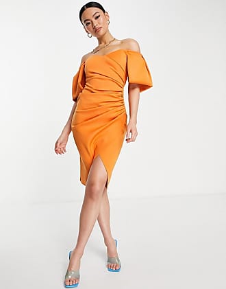 Asos sweetheart neck wrap tuck off shoulder bardot midi dress in orange