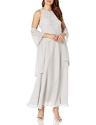 J Kara Womens Sleeveless Scallop Long Beaded Dress W/Scarf, Silver/White/Silver, 10 Petite