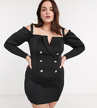 Asos Curve ASOS DESIGN Curve embellished buttons off shoulder tux mini dress in black