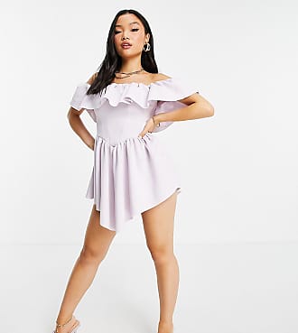 Asos Petite ASOS DESIGN Petite off shoulder corset pointed hem skater mini dress in lilac-Multi