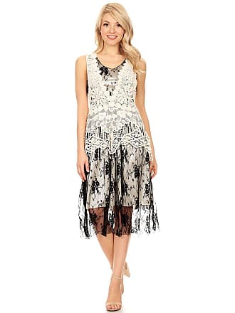 Anna Kaci Womens Vintage Lace Gatsby 1920s Cocktail Dress with Crochet Vest, Black, Medium