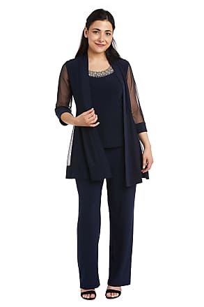 R&M Richards Womens Beaded Neck 2 Piece Pant Suit - Mother of The Bride Outfit (Navy, 10P),10 Petite(RM8764P)