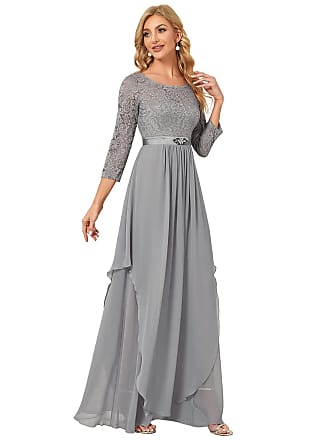 Ever-pretty Womens Maxi A-Line Chiffon Long Sleeve Lace Formal Evening Party Dress Gray US4