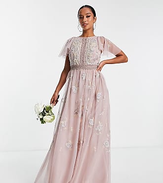 Asos Petite ASOS DESIGN Petite Bridesmaid pearl embellished flutter sleeve maxi dress with floral embroidery in rose-Pink