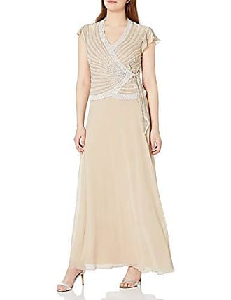 J Kara Womens Faux Wrap Long Dress W/Flutter Sleeve, Camel/White/Silver, 12