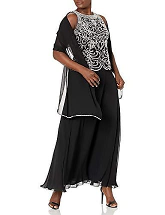 J Kara Womens Embellished Bodice A-line Chiffon Dress with Sheer Scarf, Black/White/Silver, 16