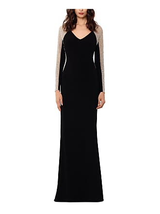 Xscape Womens Black Embellished Zippered Mesh Long Sleeve V Neck Full-Length Evening Mermaid Dress Petites 8P