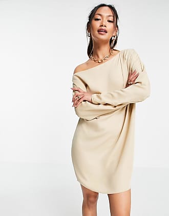 Asos slouchy off shoulder mini shift dress in champagne-Black