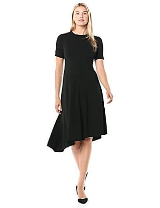 Donna Morgan Womens Stretch Crepe Asymmetric Hem Fit and Flare Dress, Black, 0