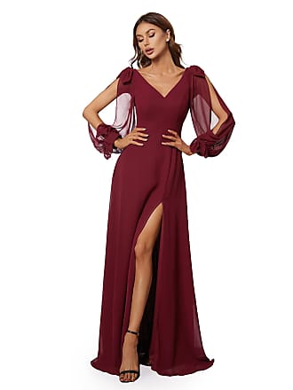 Ever-pretty Womens V Neck Long Sleeve Chiffon Side Slit Evening Party Dress Burgundy US4