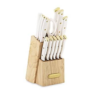 Farberware 15-Piece Triple Rivet Kitchen Knife Block Set with Natural Wood Block and Black Handles