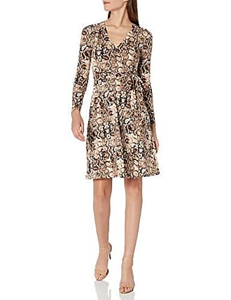 Donna Morgan Womens Matte Jersey Printed Faux Wrap Dress, Taupe/Black, 14