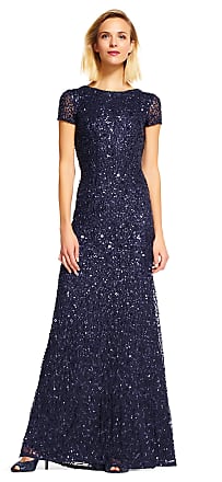 Adrianna Papell Womens Short-Sleeve All Over Sequin Gown, Navy, 0