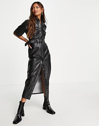 Asos leather look belted midi shirt dress in black