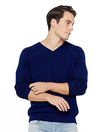 Maglia uomo 100% cashmere collo a V manica lunga avio - 1st American  Cashmere Milano