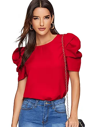 Deep red net blouse with puff sleeves