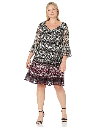 Gabby Skye Womens Plus Size 3/4 Bell Sleeve V-Neck Fit and Flare Lace Dress, Tan/Plum/Black, 16W