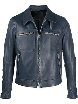 Volmer® Giacca in pelle nera da uomo con strisce in blu navy/blu navy Cerniere YKK Modello Detroit Look Biker 100% vera pelle 