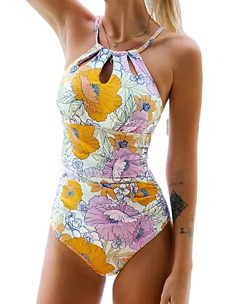 Cupshe Tummy Control One Piece Swimsuit Size S Color Pink/ Leaves Print